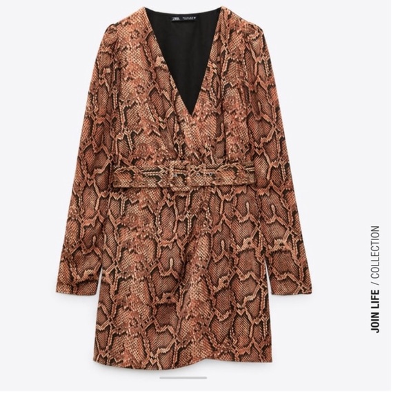 Zara Dresses & Skirts - Zara Satin Effect Snake Print Belted Dress